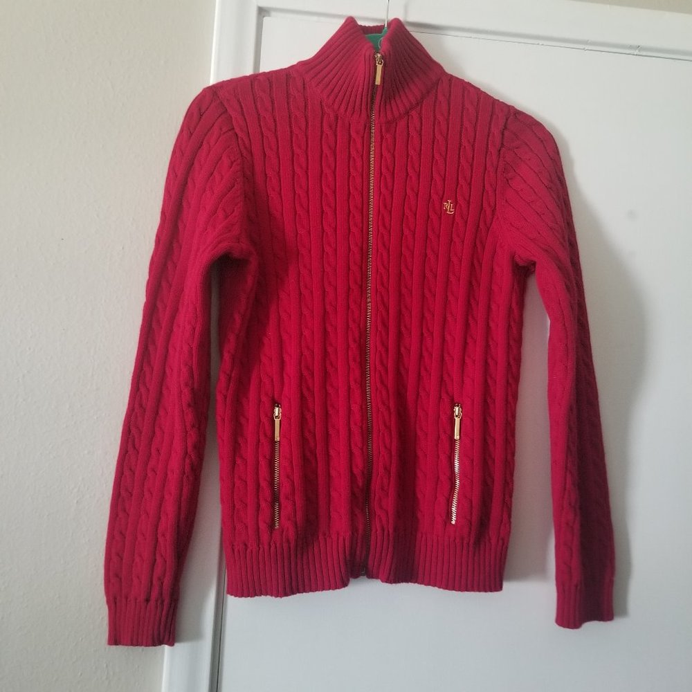 Lauren Ralph Lauren M Red Zip Front Cable Knit Sweater Pockets High Neck